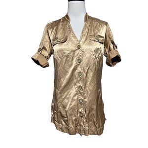 Spanner Silky Gold Metallic Snap up Tunic Blouse Roll Tab Sleeves Size 2